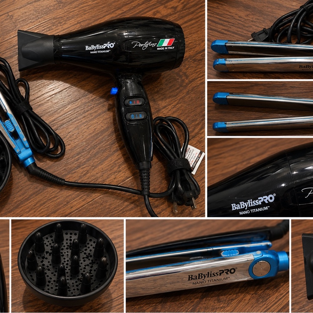 BaByliss Black Hair Dryer with Blue-Accented Titanium Flat Iron Set